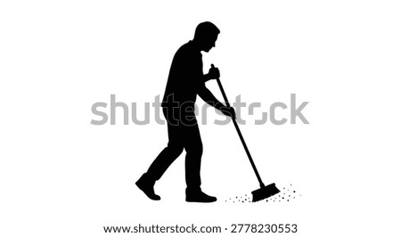 Man sweeping with a broom side view black silhouette