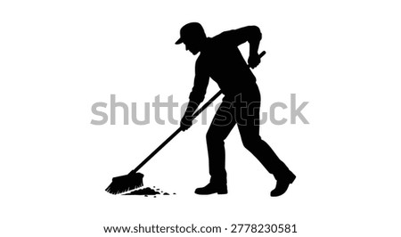 Man sweeping with a broom side view black silhouette