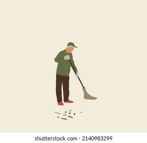 Man sweeping dry autumn foliage at roadside in village street outdoor. Vector illustration