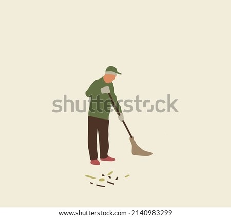 Man sweeping dry autumn foliage at roadside in village street outdoor. Vector illustration