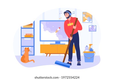 Man Sweeping Floor In Living Room. Spring-cleaning Activity. Single Living Person. Flat Cartoon Vector Illustration Concept Design, Banner. Simple Art Isolated On White Background