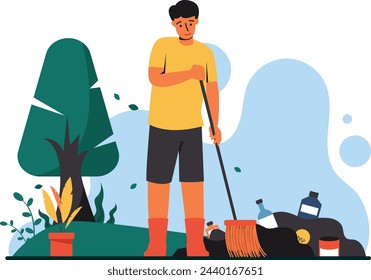 Man is sweeping the garden