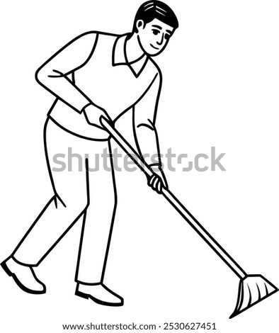 Man sweeping one continuous single drawing line art vector flat doodle man, cleaner, janitor, worker, clean, work, male, professional, sweeping. Linear style sign for mobile concept and web design.