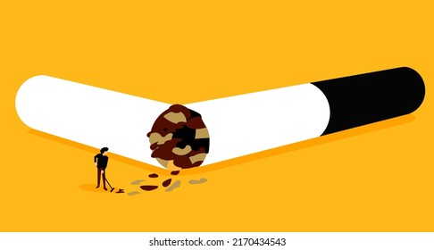 A man sweeping tobacco from broken cigarette, illustration about cutting smoking habit