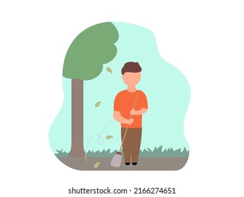 un hombre barre el patio