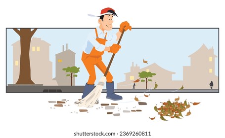 Man sweeps leaves. Autumn cleaning. Funny people. Illustration concept template for website, web landing page, banner, presentation, social, poster, promotion or print media.