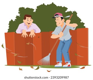 Man sweeps leaves. Autumn cleaning. Funny people. Illustration concept template for website, web landing page, banner, presentation, promotion or print media.