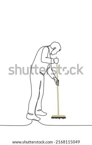 man sweeps with mop - one line drawing vector. concept janitor, cleaning company worker or householder cleaning