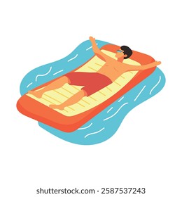 Man swim in pool on inflatable mattress. Vector clipart illustration on isolated background.