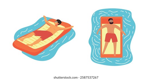 Man swim in pool on inflatable mattress. Vector clipart illustration on isolated background.