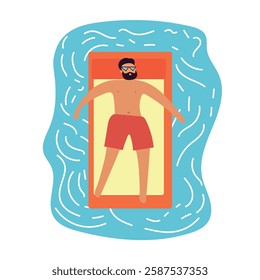 Man swim in pool on inflatable mattress. Vector clipart illustration on isolated background.
