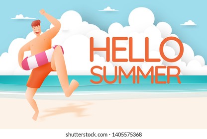 Man with swim ring with Beautiful beach and sky background paper art and pastel color scheme vector illustation