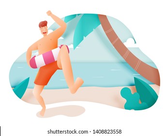 Hombre con anillo para nadar con bellas playas y el cielo de papel de fondo arte y colores pastel esquema vectorial
