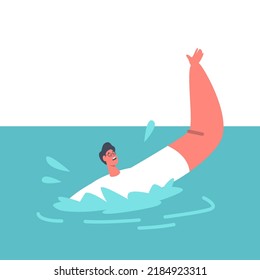 Man Swim in Sea after Shipwreck Trying to Survive Floating on Water Surface and Waving Hands after Accident, Exhausted Male Character Floating in Ocean Catastrophe. Cartoon People Vector Illustration