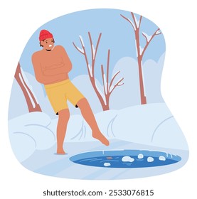 Man In Swim Shorts And Red Beanie Prepares To Plunge Into the Ice Hole at Ice-covered Lake Surrounded By Snowy Trees, Embracing Cold Exposure For Health Benefits, Expressing Courage And Determination