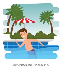 man swiming in pool with umbrella scene