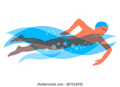 Man Swimmer.
Man swimmer swimming crawl in stylized blue water. Vector illustration.
