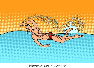 man swimmer swims. Pop art retro vector illustration vintage kitsch