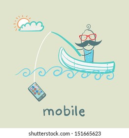 man swimming in the boat and a fishing rod catches phone