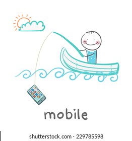 man swimming in the boat and a fishing rod catches phone