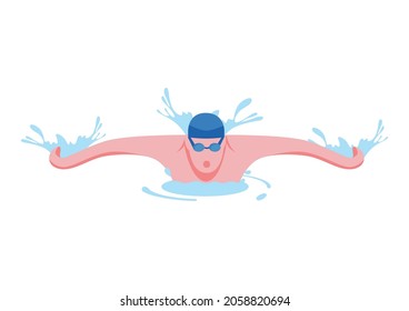 A man swimming. A man doing a butterfly stroke. A front-view swimmer illustration. Watersports illustrations.