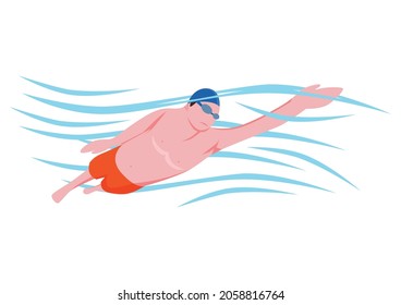 A man swimming. A man doing a front crawl style. Watersports illustrations.