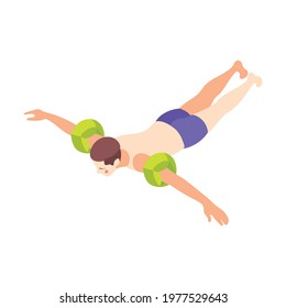 Man swimming with green inflatable arm bands isometric icon vector illustration