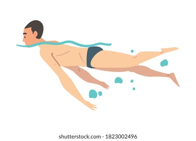 Man Swimming, Guy in Swimwear Performing Water Activities, Water Swim Sport Cartoon Style Vector Illustration