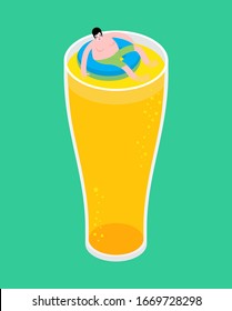 Man swimming inside beer mug. Alcoholic swim in beer. vector illustration
