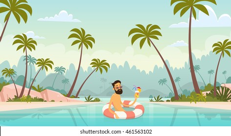 Man Swimming With Lifebuoy Summer Vacation Sea Shore Sand Beach Blue Sky Sun Vector Illustration