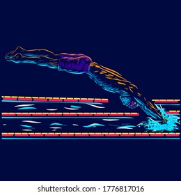 Man swimming line pop art potrait logo colorful design with dark background. Abstract swimmer vector illustration. Isolated black background for t-shirt, poster, clothing, merch, apparel, badge design