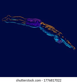 Man swimming line pop art potrait logo colorful design with dark background. Abstract swimmer vector illustration. Isolated black background for t-shirt, poster, clothing, merch, apparel, badge design