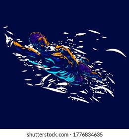 Man swimming line pop art potrait logo colorful design with dark background. Abstract swimmer vector illustration. Isolated black background for t-shirt, poster, clothing, merch, apparel, badge design