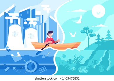 Man swimming on boat from town to nature vector illustration. Happy male sailing from polluted city to picturesque ecologically clean place flat style concept