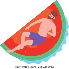 Man swimming on inflatable mattress. Summer rest joy isolated on white background