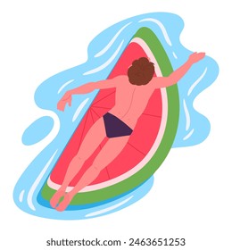Man swimming on inflatable mattress. Guy swimming on watermelon shaped inflatable toy in swimming pool or sea flat vector illustration. Male character relaxing on melon rubber mattress