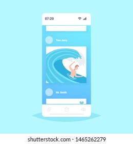 man swimming on waves guy relaxing having fun in sea or ocean summer vacation concept smartphone screen online mobile app flat portrait