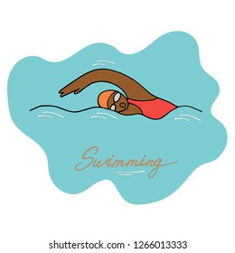 The Man Swimming In The Open Water . Flat Illustration. 