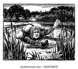 A man swimming in pond to get out of the pond and carrying The Bible in hand, vintage line drawing or engraving illustration