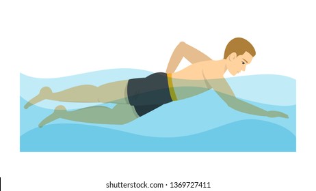 Man swimming in the pool. Exercise to relieve back pain. Swimmer training. Young athlete. Isolated vector illustration in cartoon style