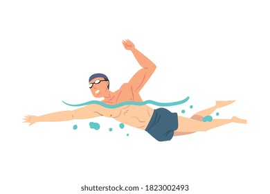 Hombre en la piscina, persona en bañador que realiza actividades acuáticas, nado en agua, dibujos animados estilo vector de dibujos animados deportivos Ilustración