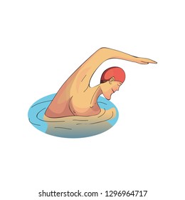 Man swimming in pool. Professional swimmer. Male in rubber swim cap. Sports theme. Cartoon vector design