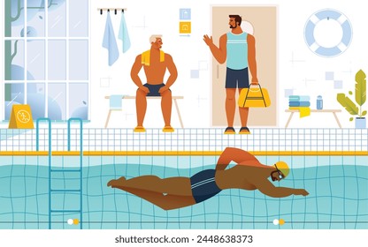 Hombre nadando en la piscina, nadadores profesionales, equipo de natación, entrenamiento de deportistas. Ilustración vectorial plana