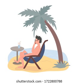 Man in swimming suit sits in sunbed on the beach and speaking on the phone vector flat illustration.