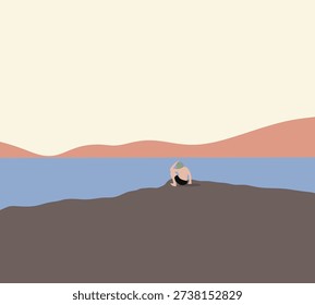 Man in swimming suit sitting alone on rocky coast enjoying seascape during holiday vacation.