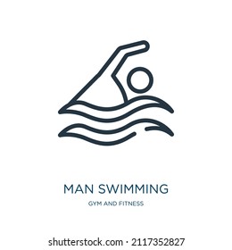 man swimming thin line icon. sport, people linear icons from gym and fitness concept isolated outline sign. Vector illustration symbol element for web design and apps.