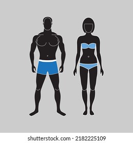 Man in swimming trunks and woman in bathing suit. Male and female black silhouettes. Healthy human bodies isolated. Front view. Standing young couple in full growth. Human impersonal characters.