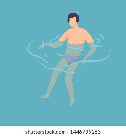 Man Swimming in Water, Guy Relaxing in the Sea, Ocean or Swimming Pool at Vacation, Summer Outdoor Activities Vector Illustration