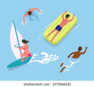 Man swimming in water, person lying on inflatable mattress, woman windsurfing, summer water activities. full length view of woman and man in sea vector