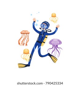 Man swimming with wonderful marine creatures. Colorful jellyfish. Cartoon scuba diver in blue wetsuit, mask, flippers and equipment for breathing on back. Flat vector design